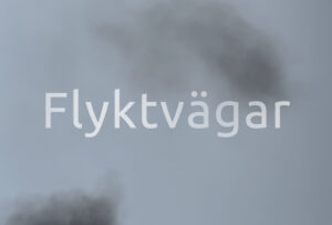 En grå, dimmig bakgrund med mörka moln och texten "Flyktvägar"